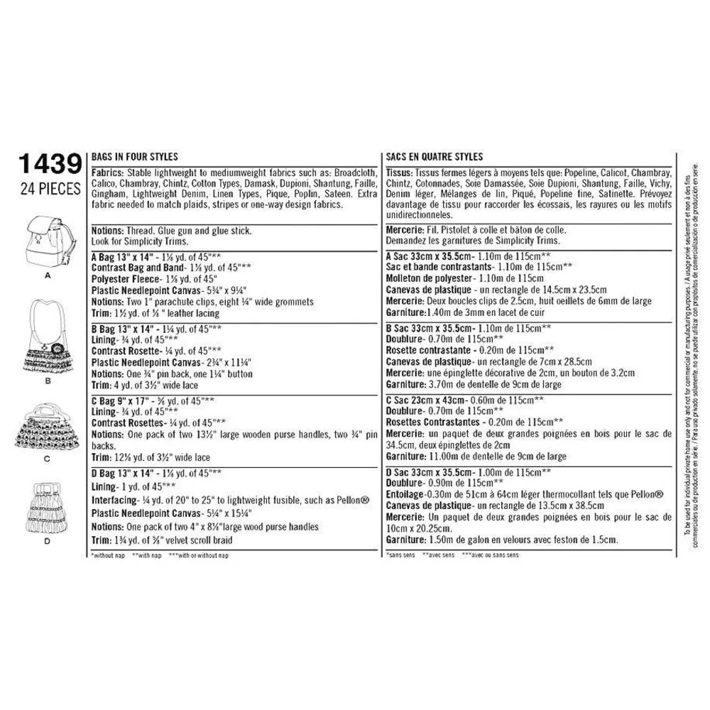 Simplicity Sewing‎ Pattern 1439 Bags Purses UNCUT